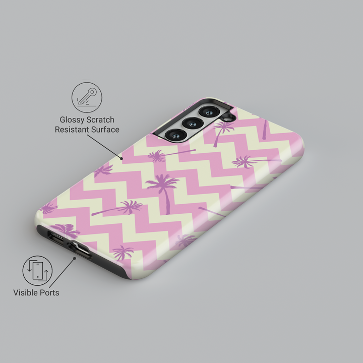 Girly Samsung Galaxy phone case with pastel pink and cream chevron pattern and lavender palm tree accents – tropical beach-inspired design for Galaxy S24 Ultra, S25, S24 FE.