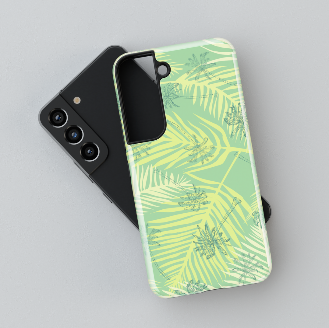 Mint green Samsung Galaxy phone case with yellow palm leaves and tropical palm tree sketches – summer aesthetic case for Galaxy S24 Ultra, S25, S24 FE. Beachy phone case for women.