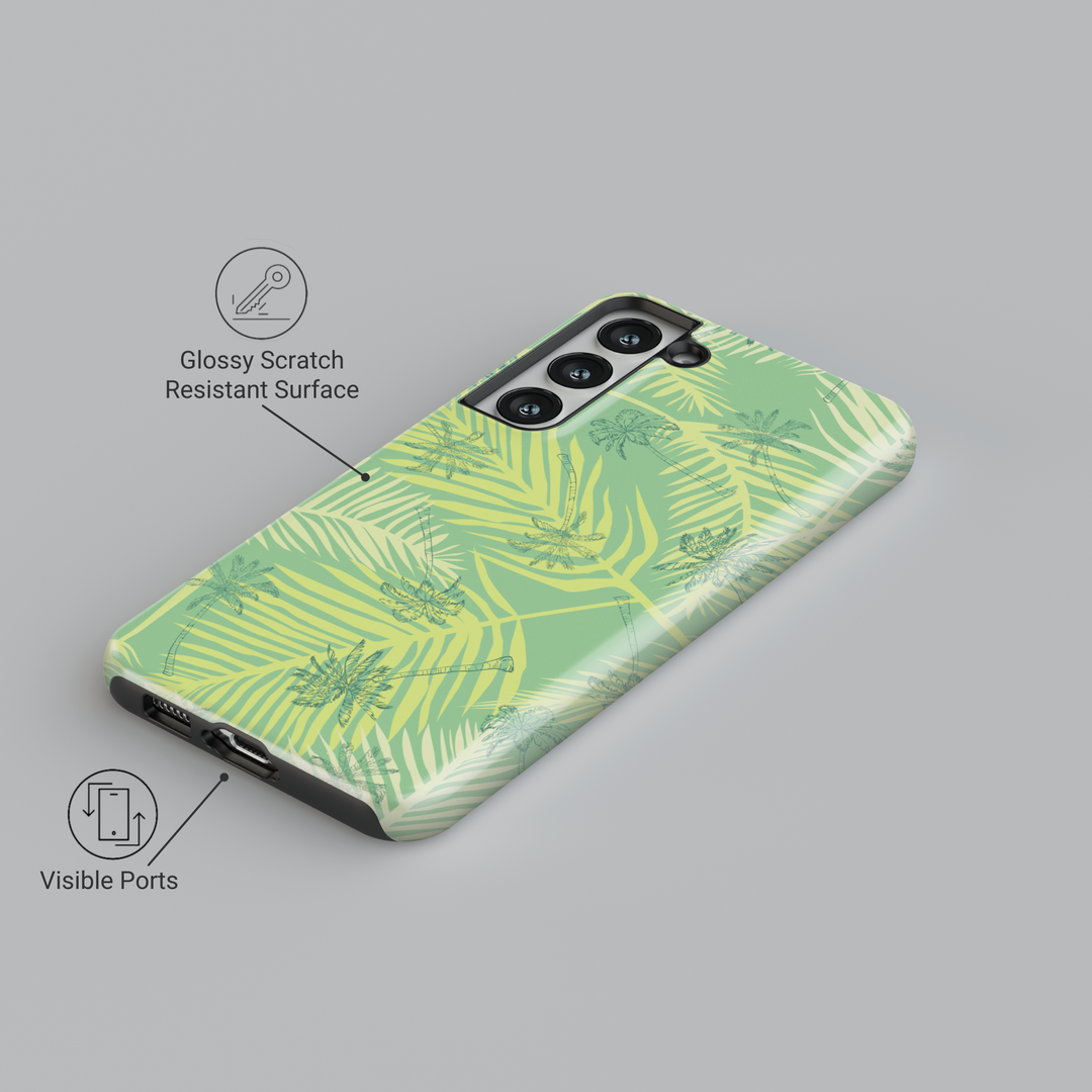 Mint green Samsung Galaxy phone case with yellow palm leaves and tropical palm tree sketches – summer aesthetic case for Galaxy S24 Ultra, S25, S24 FE. Beachy phone case for women.