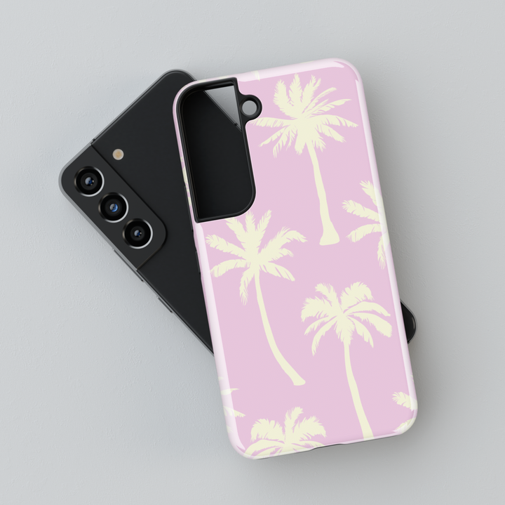 Pink Samsung Galaxy phone case with ivory palm tree print – cute summer tropical case for Galaxy S24 Ultra, S25, and S24 FE. Beach aesthetic phone case for women.
