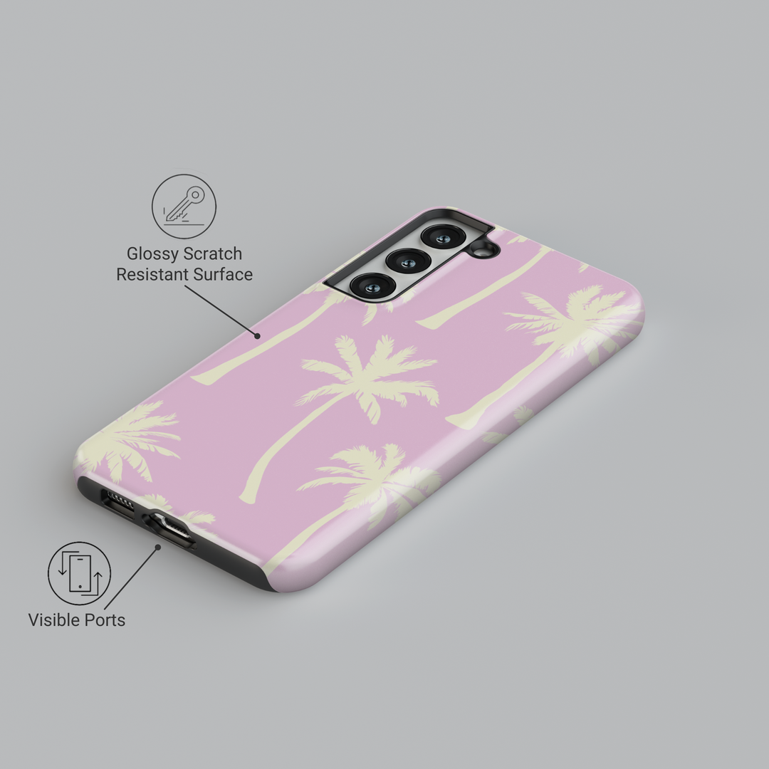 Pink Samsung Galaxy phone case with ivory palm tree print – cute summer tropical case for Galaxy S24 Ultra, S25, and S24 FE. Beach aesthetic phone case for women.
