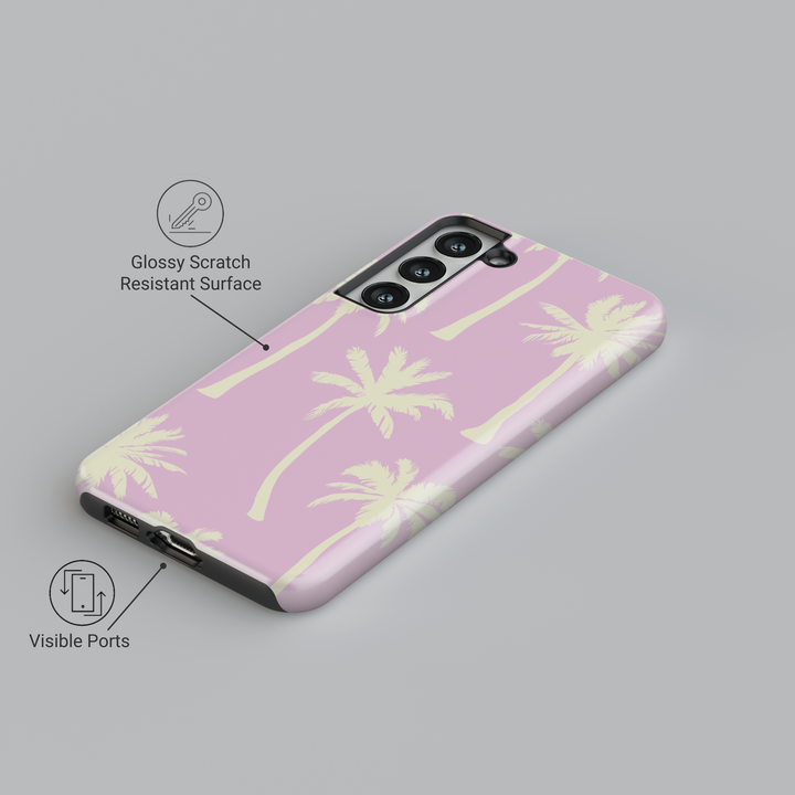 Pink Samsung Galaxy phone case with ivory palm tree print – cute summer tropical case for Galaxy S24 Ultra, S25, and S24 FE. Beach aesthetic phone case for women.