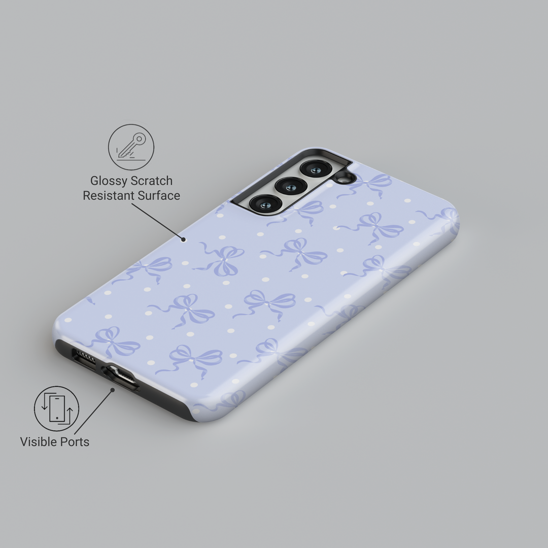 Light blue Samsung Galaxy case with dainty bow and polka dot pattern – fits Galaxy S24 Ultra, S25, S24 FE. Cute coquette-inspired design for women.