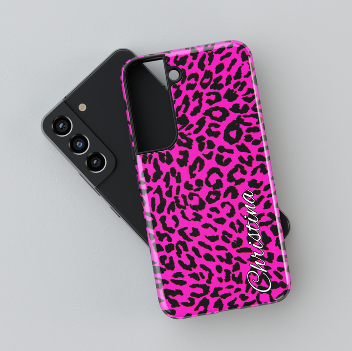Personalized Samsung Galaxy S24 Ultra case with hot pink and black leopard print – custom name animal print case for Galaxy S25, S24 FE.