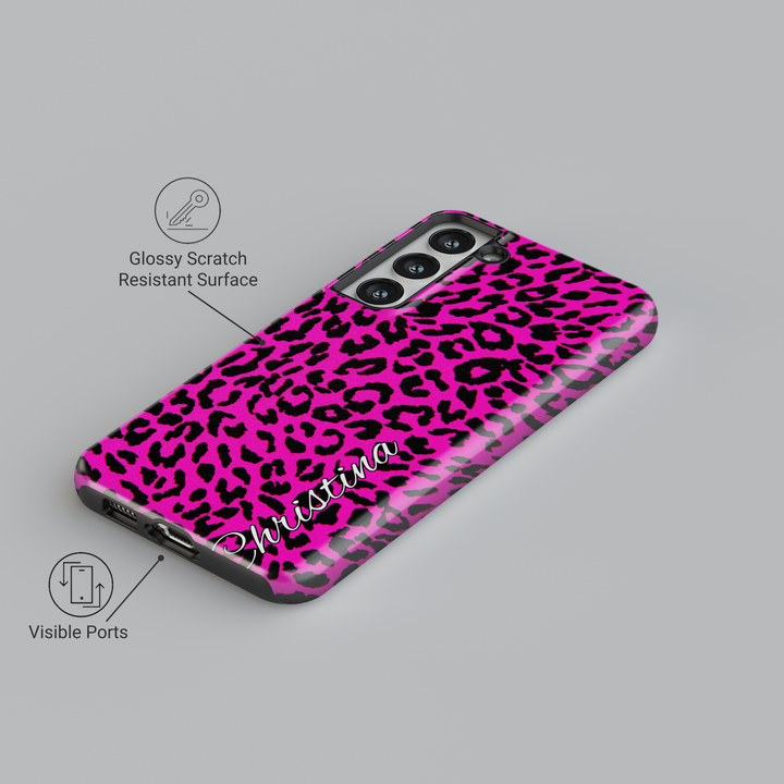 Personalized Samsung Galaxy S24 Ultra case with hot pink and black leopard print – custom name animal print case for Galaxy S25, S24 FE.