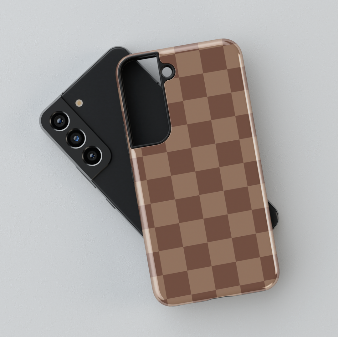 Samsung Galaxy S24 Ultra case with brown checkerboard grid pattern – neutral aesthetic phone case for Galaxy S25, S24 FE, and more.