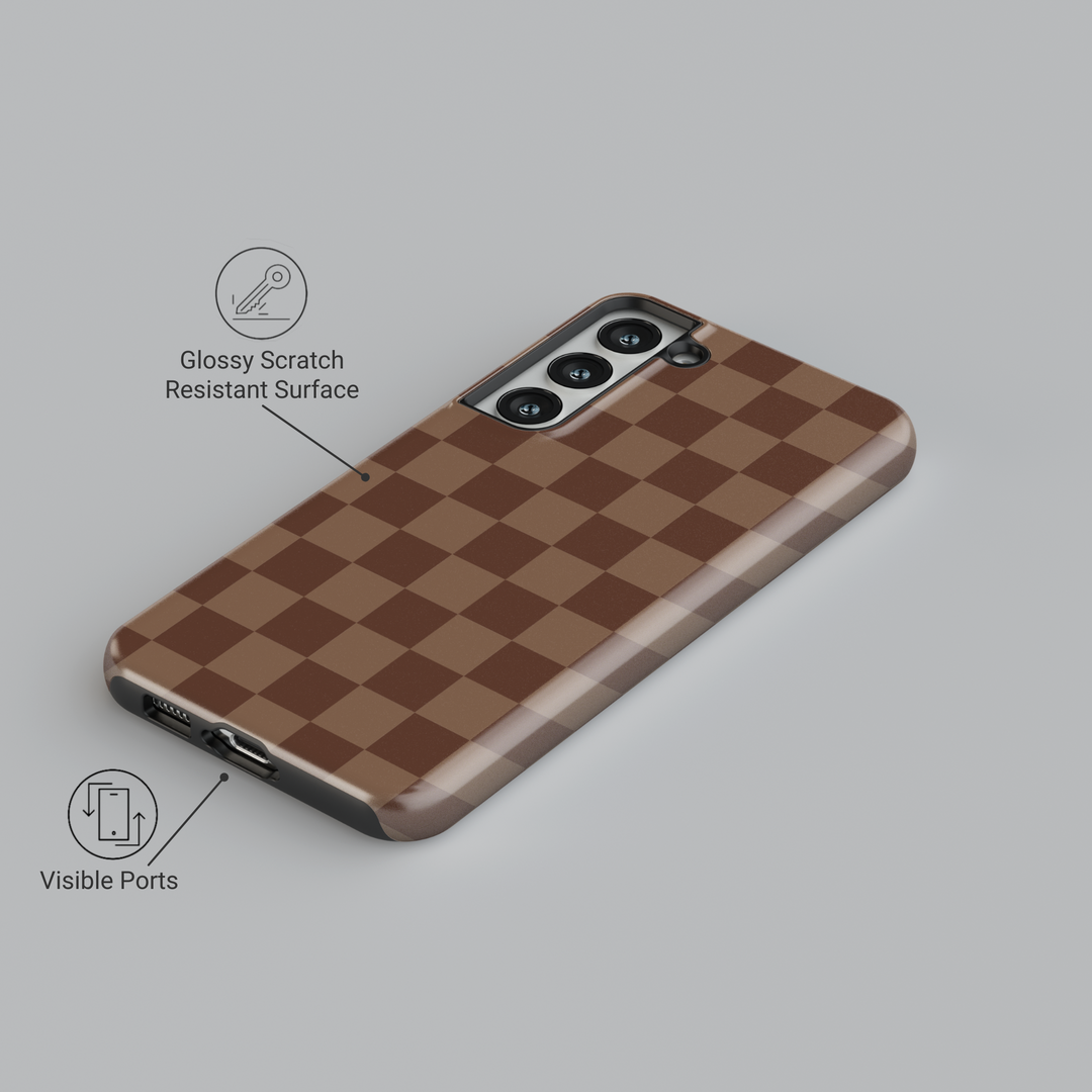 Samsung Galaxy S24 Ultra case with brown checkerboard grid pattern – neutral aesthetic phone case for Galaxy S25, S24 FE, and more.