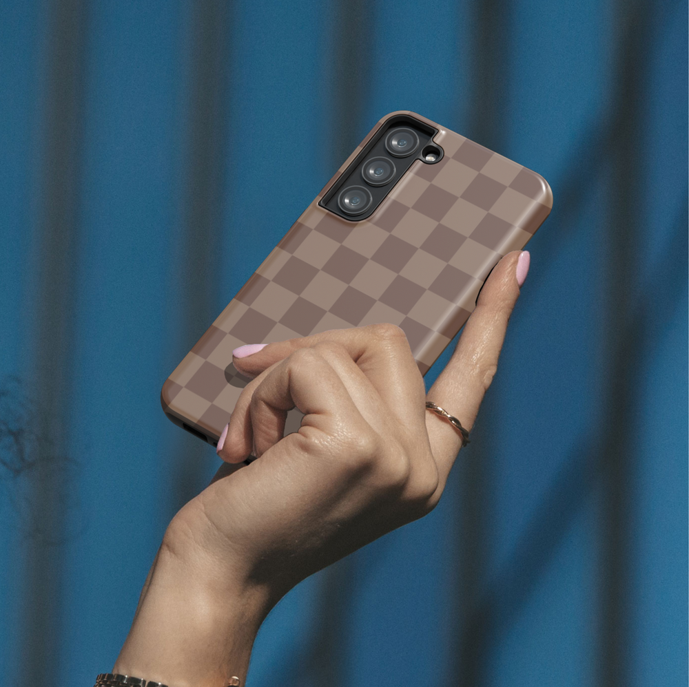 Samsung Galaxy S24 Ultra case with brown checkerboard grid pattern – neutral aesthetic phone case for Galaxy S25, S24 FE, and more.