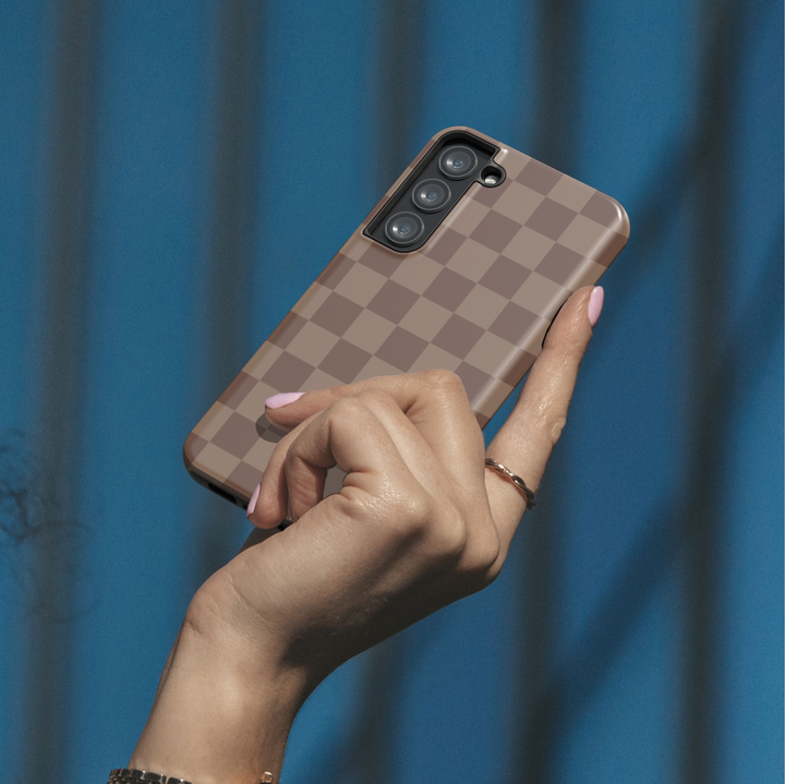 Samsung Galaxy S24 Ultra case with brown checkerboard grid pattern – neutral aesthetic phone case for Galaxy S25, S24 FE, and more.