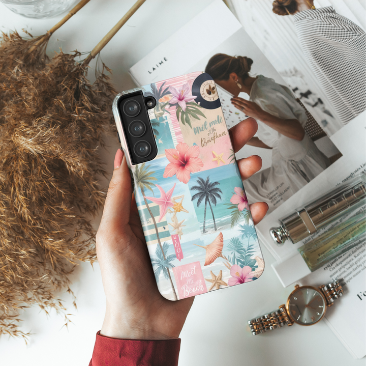 Samsung Galaxy phone case with pink hibiscus, palm trees, starfish, and beach-themed collage for a summery aesthetic vibe