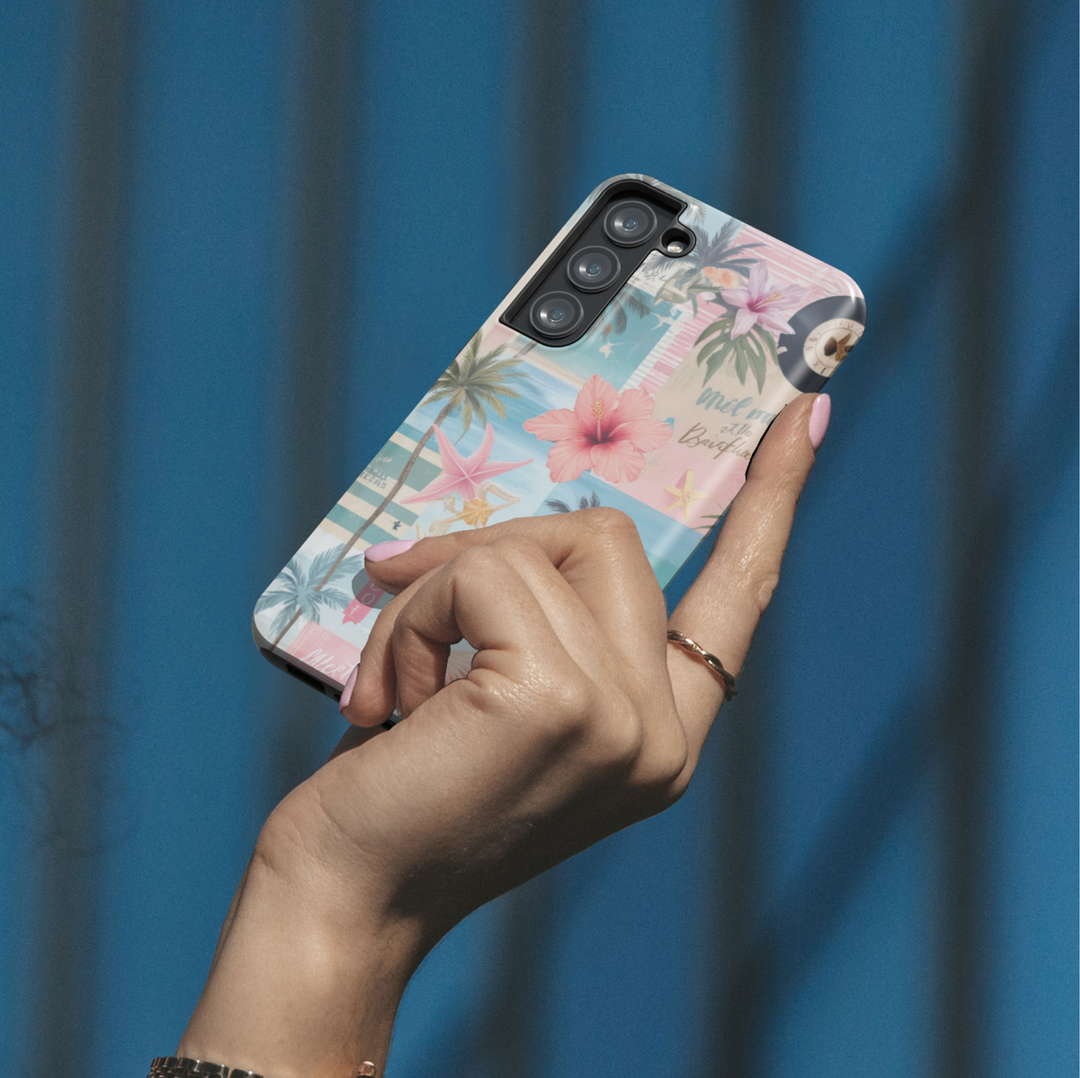 Samsung Galaxy phone case with pink hibiscus, palm trees, starfish, and beach-themed collage for a summery aesthetic vibe