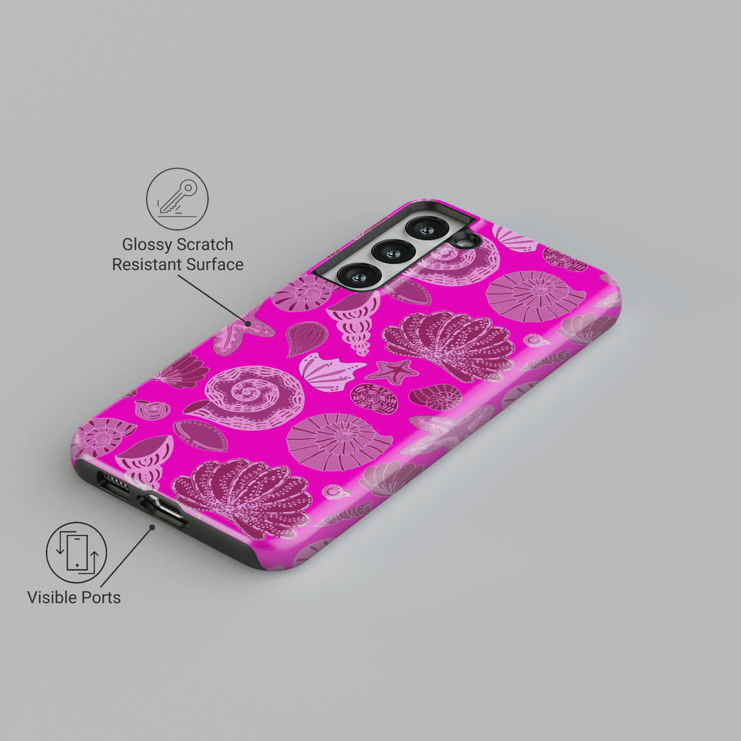Hot pink Samsung Galaxy S24 Ultra case with lilac seashell and starfish illustrations – beachy aesthetic phone case for Galaxy S25, S24 FE, and more.