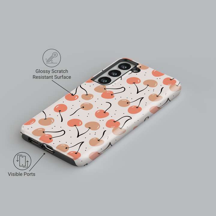 Blush cherry Samsung Galaxy S24 Ultra case with nude and pink fruit pattern on cream background – cute protective cover for Galaxy S25, S24 FE, and other Samsung models.
