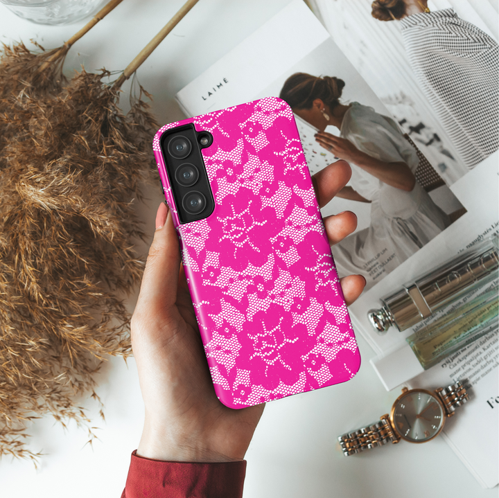 Hot Pink Bat Lace Samsung Galaxy Case – Cute Halloween Floral Lace Pattern for Galaxy S25 Ultra, S24 FE, S23 Ultra