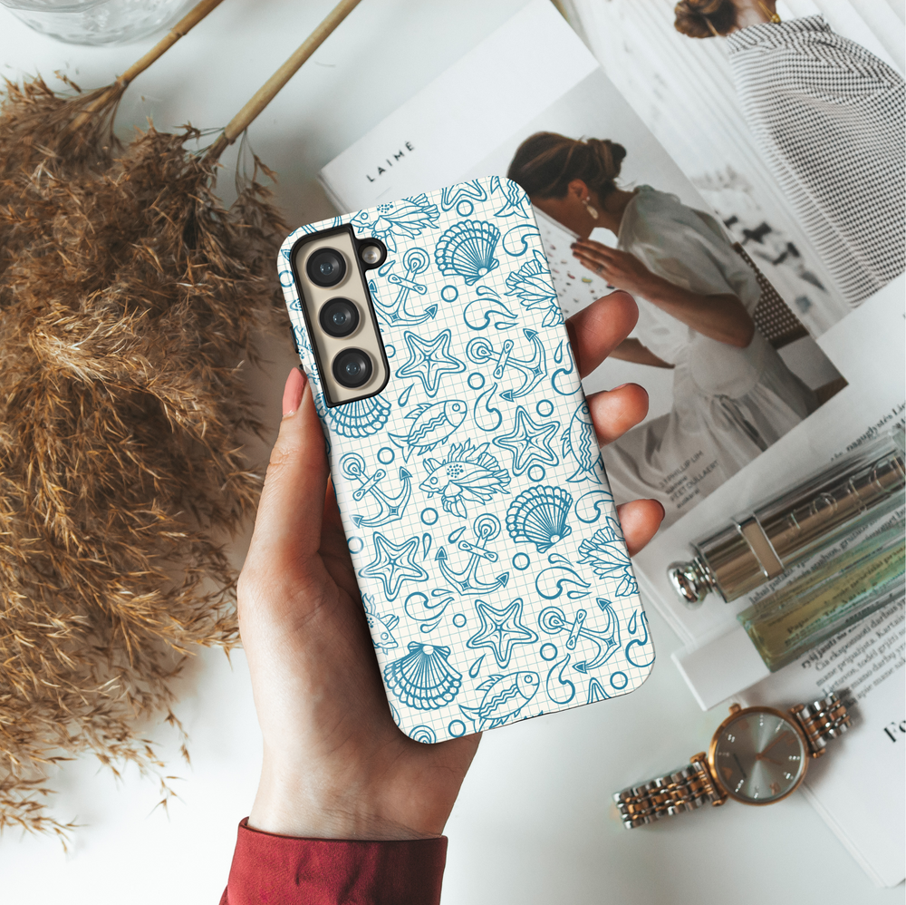 Samsung Galaxy S25 Ultra & S24 FE Case – Blue Nautical Sketch Doodle Design with Anchor, Starfish & Shells on Graph Paper Background