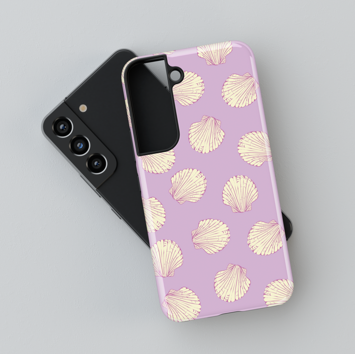 Lavender seashell Samsung Galaxy S24 Ultra case for women – pastel purple phone cover with yellow seashell print, beach aesthetic for Galaxy S25, S24 FE, and more.