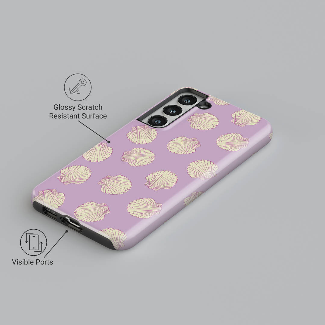 Lavender seashell Samsung Galaxy S24 Ultra case for women – pastel purple phone cover with yellow seashell print, beach aesthetic for Galaxy S25, S24 FE, and more.