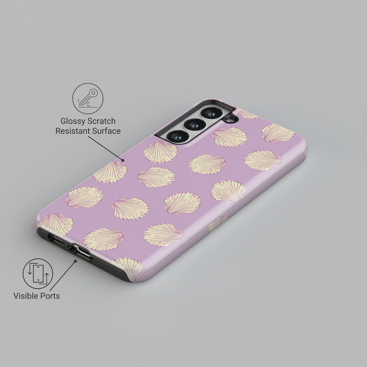 Lavender seashell Samsung Galaxy S24 Ultra case for women – pastel purple phone cover with yellow seashell print, beach aesthetic for Galaxy S25, S24 FE, and more.