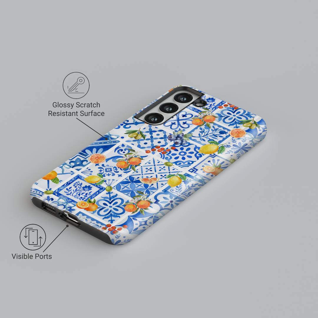 Mediterranean tile Samsung Galaxy S25 case with blue and white ceramic pattern and citrus fruit design – lemon and orange summer phone case for Galaxy S24 Ultra