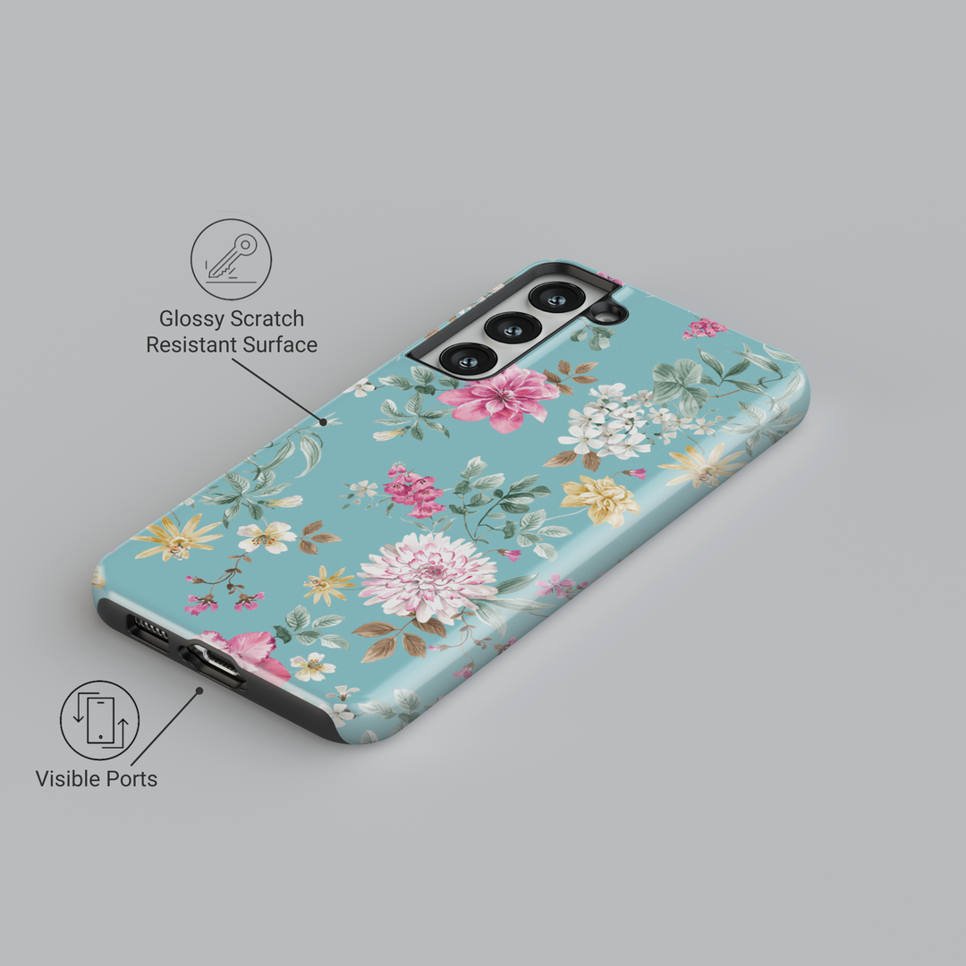 Aqua blue Samsung Galaxy case with multicolor vintage floral pattern – chic botanical protective phone cover for women