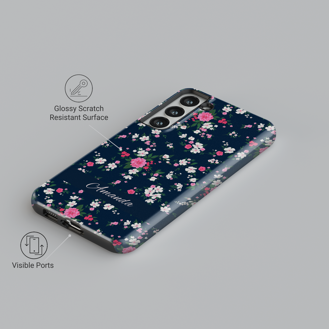 Custom navy floral phone case with small pink and white flowers, personalized name iPhone Samsung cover, spring botanical tough case