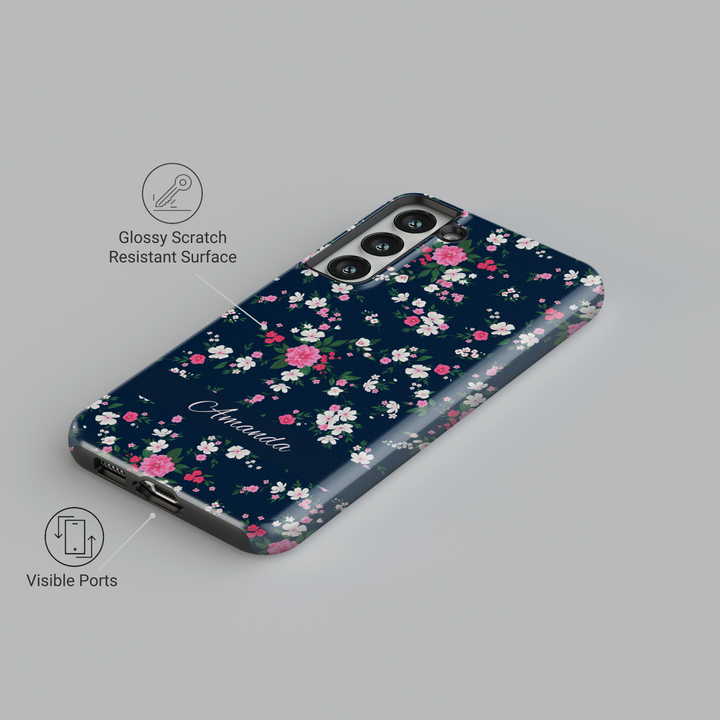 Custom navy floral phone case with small pink and white flowers, personalized name iPhone Samsung cover, spring botanical tough case