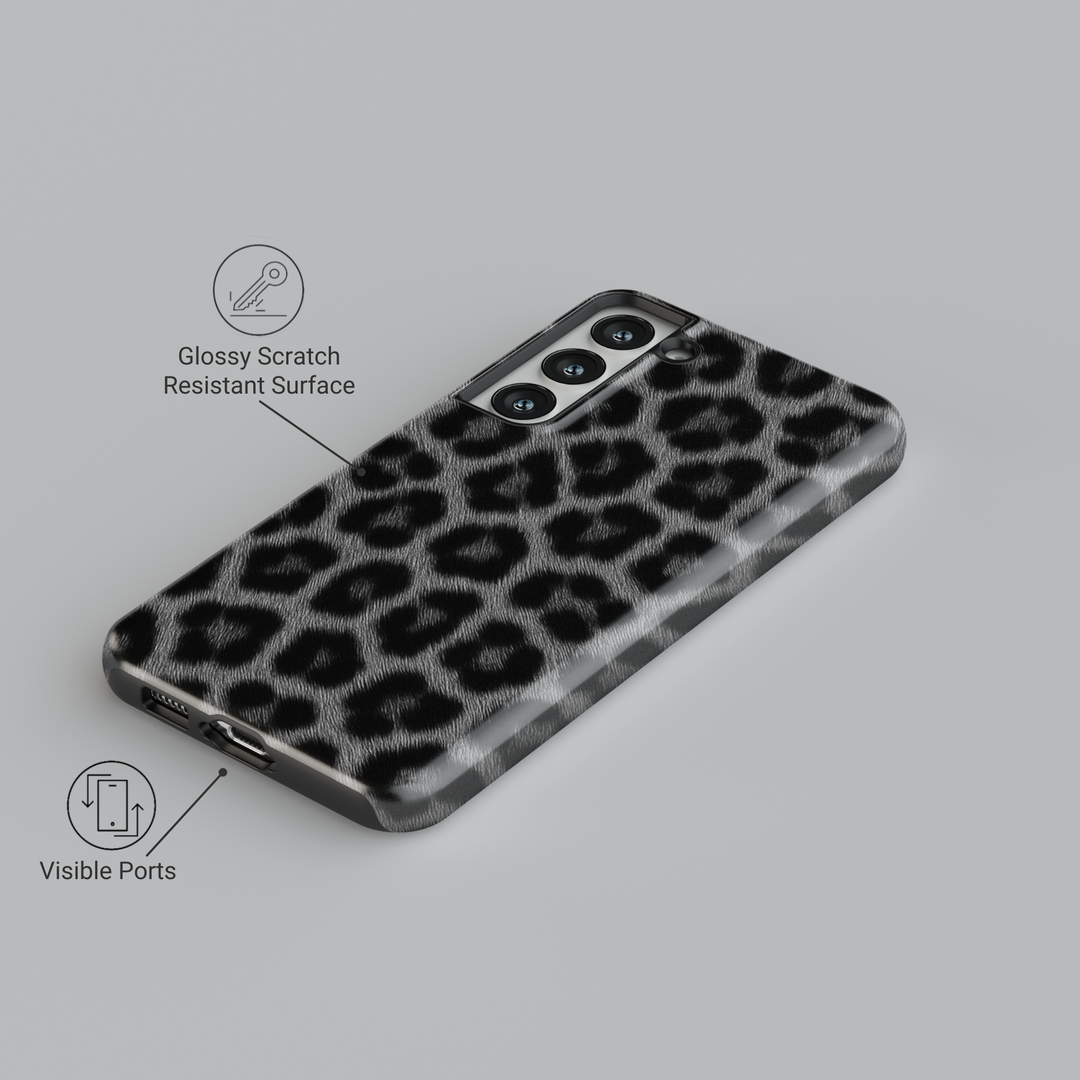 Black and gray leopard print Galaxy case with fur texture effect – edgy and fashionable animal print phone cover