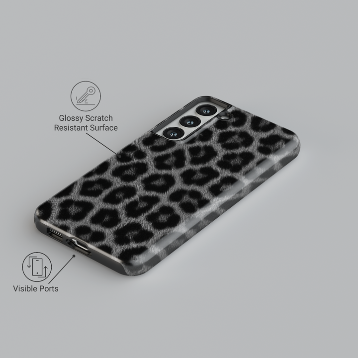 Black and gray leopard print Galaxy case with fur texture effect – edgy and fashionable animal print phone cover