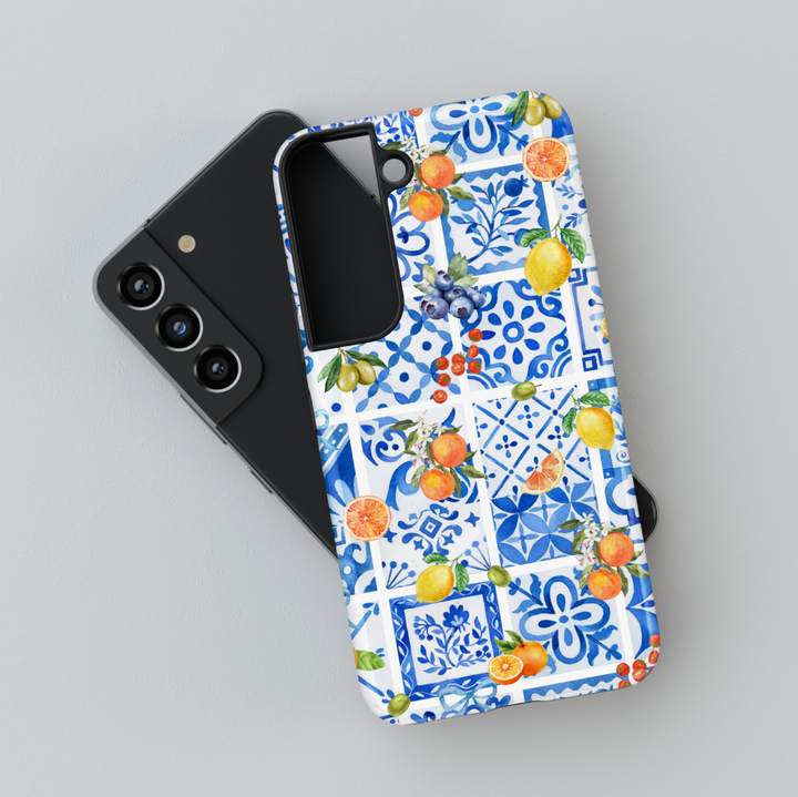 Mediterranean tile Samsung Galaxy S25 case with blue and white ceramic pattern and citrus fruit design – lemon and orange summer phone case for Galaxy S24 Ultra