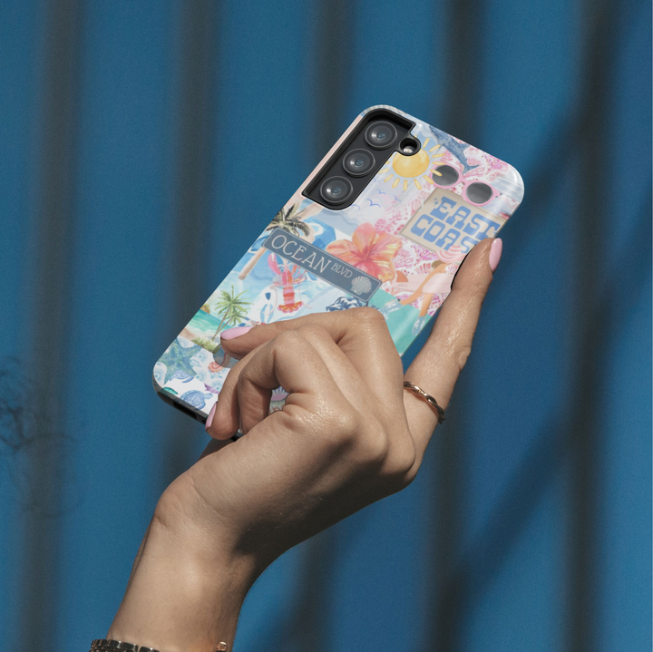 Samsung Galaxy S25 Ultra & S24 FE Case – Colorful East Coast Collage with Ocean Blvd Sign, Hibiscus, Palm Trees, Sea Turtles, and Summer Icons