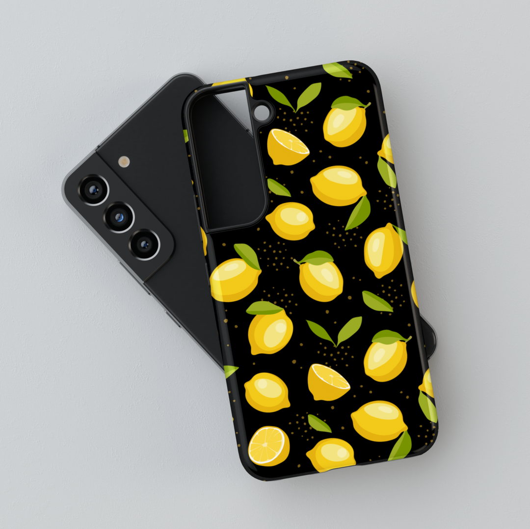 Yellow lemon Samsung Galaxy S24 Ultra case for women – fruity citrus phone case for Galaxy S25, S24 FE, S23 Ultra with black background and green leaves.