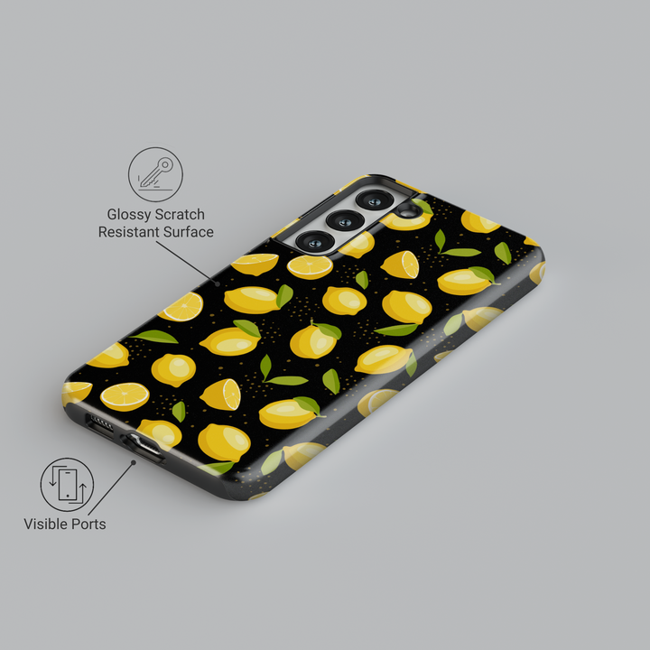Yellow lemon Samsung Galaxy S24 Ultra case for women – fruity citrus phone case for Galaxy S25, S24 FE, S23 Ultra with black background and green leaves.