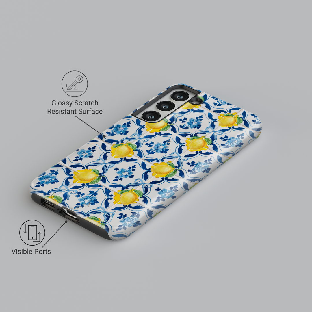 Amalfi lemon tile patternGalaxy S25 case for Galaxy S24 Ultra with blue ceramic and yellow citrus print – Samsung compatible Italian summer aesthetic phone cover