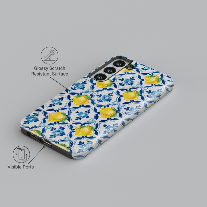 Amalfi lemon tile patternGalaxy S25 case for Galaxy S24 Ultra with blue ceramic and yellow citrus print – Samsung compatible Italian summer aesthetic phone cover