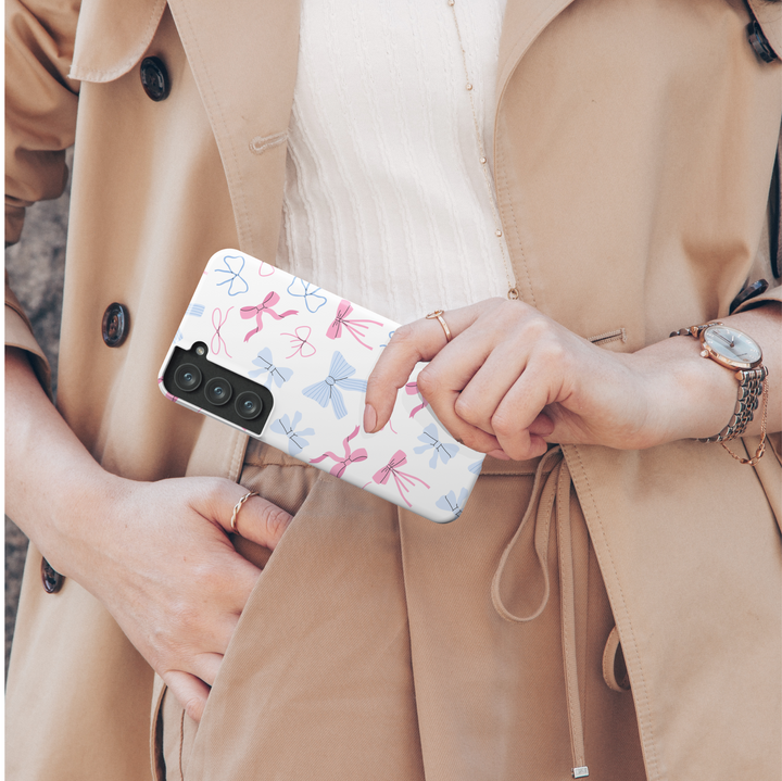 Samsung Galaxy phone case with pink and blue girly bows on a white background – cute coquette aesthetic tough case for girls