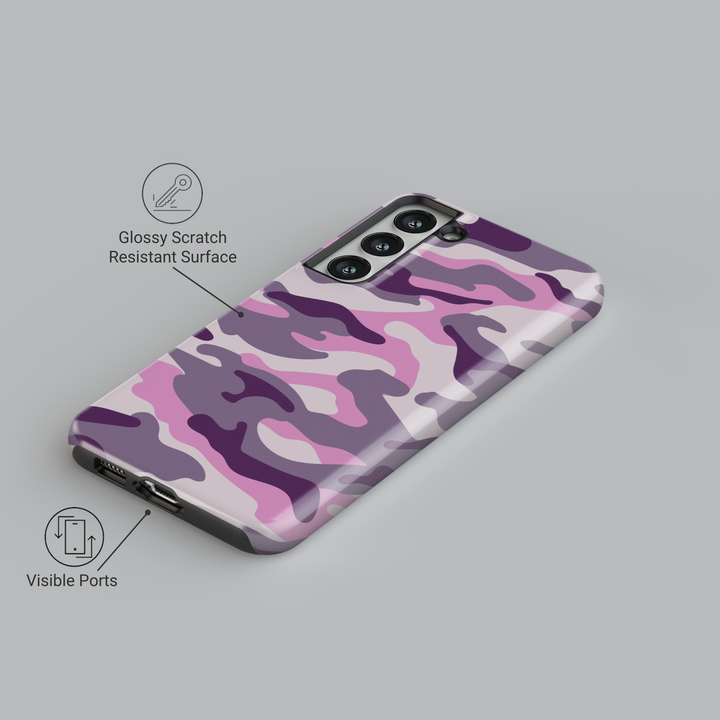 Pink and purple camouflage Samsung Galaxy case – tough protective phone cover for Galaxy S25 Ultra, S24 FE, S23 Ultra – military-style camo design for Gen Z and women