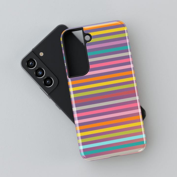 Samsung Galaxy case with colorful horizontal stripes in pink, orange, teal, and purple. Fits Galaxy S24 Ultra, S24 Plus, and S23 FE. Bold and playful rainbow stripe pattern.