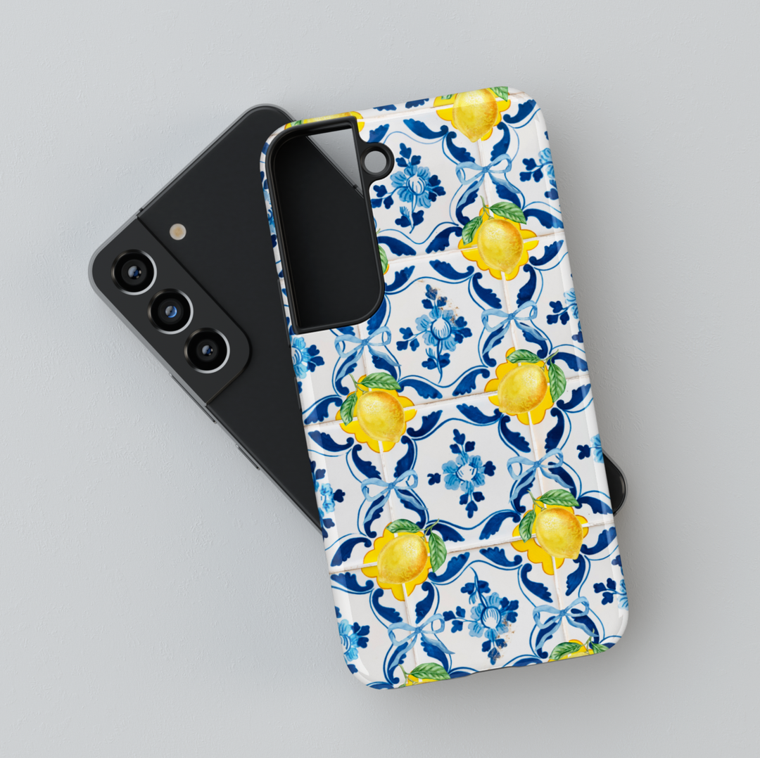 Amalfi lemon tile patternGalaxy S25 case for Galaxy S24 Ultra with blue ceramic and yellow citrus print – Samsung compatible Italian summer aesthetic phone cover