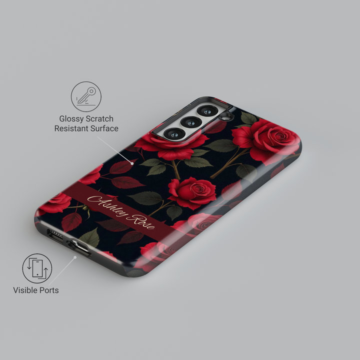 Elegant red rose floral phone case with dark background and personalized name strip