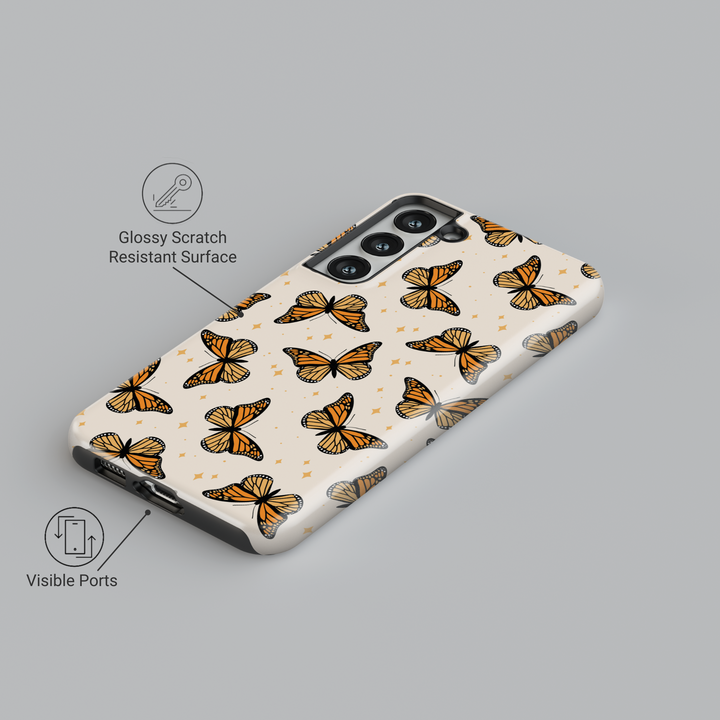 Let your style take flight with this butterfly-themed Samsung Galaxy case, featuring vibrant monarchs and golden sparkle accents. Compatible with Galaxy S24 Ultra, S25, S24 FE, and more. Feminine, fun, and protective.