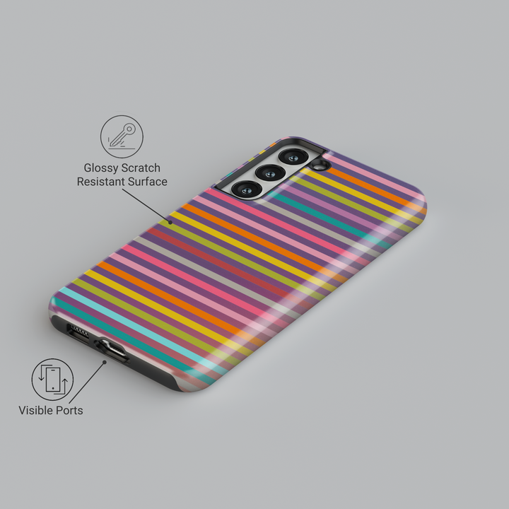 Samsung Galaxy case with colorful horizontal stripes in pink, orange, teal, and purple. Fits Galaxy S24 Ultra, S24 Plus, and S23 FE. Bold and playful rainbow stripe pattern.