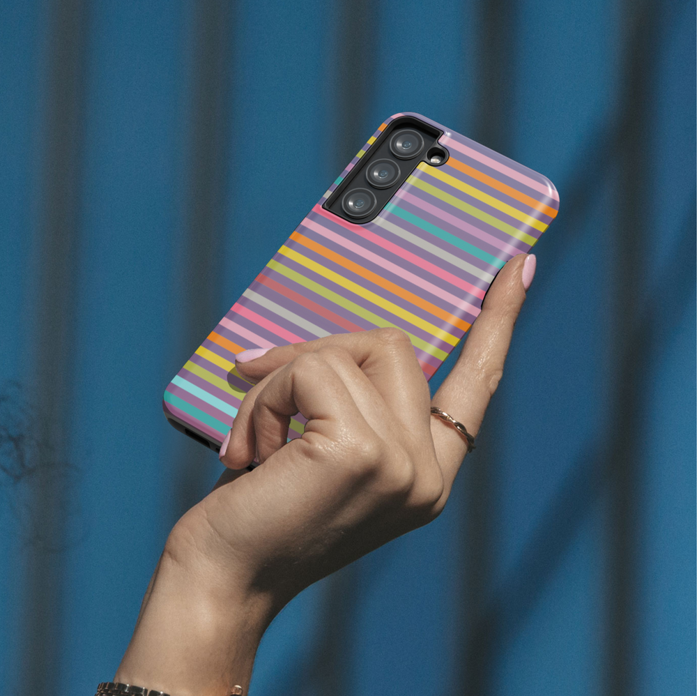 Samsung Galaxy case with colorful horizontal stripes in pink, orange, teal, and purple. Fits Galaxy S24 Ultra, S24 Plus, and S23 FE. Bold and playful rainbow stripe pattern.