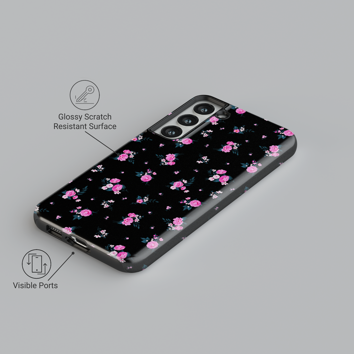 This black floral Galaxy case features tiny pink blossoms scattered across a glossy finish — feminine with a bold twist. Fits Galaxy S24 Ultra, S24 Plus, and S23 FE. Trendy, protective, and pretty.