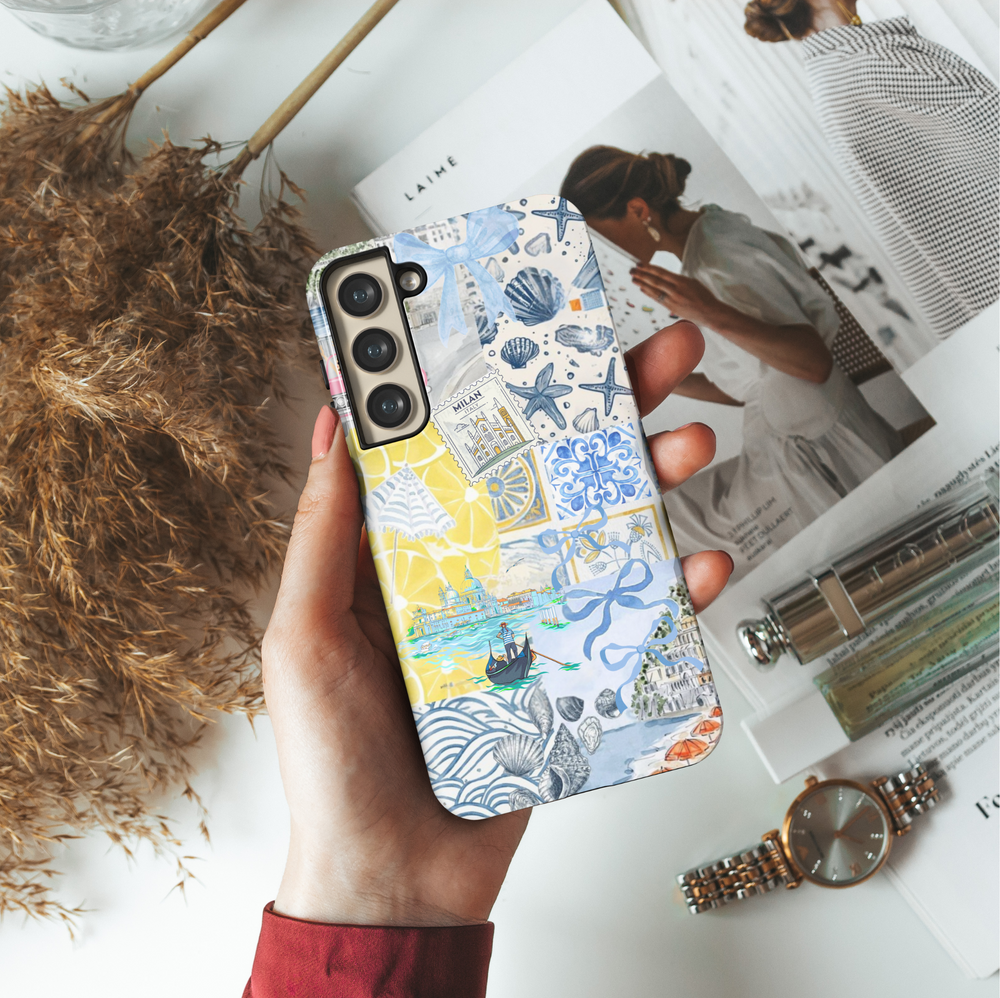 Samsung Galaxy S25 Ultra & S24 FE Case – Italian Summer Collage with Venice Gondola, Lemon Tiles, Amalfi Coast, and Seashells