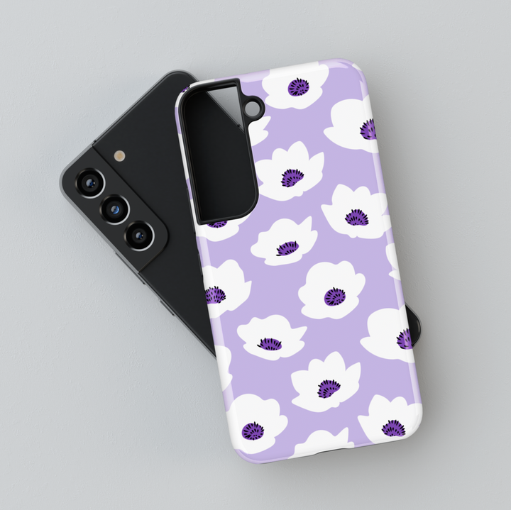 Lilac Samsung Galaxy S24 Ultra case with white floral pattern – cute protective case for women, fits Galaxy S25, S24 FE, S23 Ultra, girly pastel phone case design.