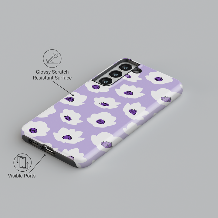 Lilac Samsung Galaxy S24 Ultra case with white floral pattern – cute protective case for women, fits Galaxy S25, S24 FE, S23 Ultra, girly pastel phone case design.
