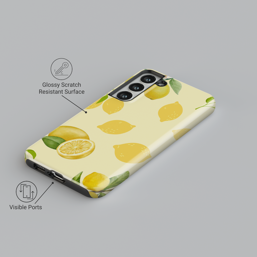 Samsung Galaxy phone case with watercolor lemon pattern and leaves on a light yellow background. Compatible with Galaxy S24 Ultra, S24 Plus, and S23 FE. Refreshing citrus design.