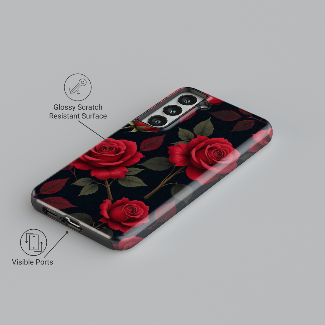 Black Samsung Galaxy case with red rose floral pattern – elegant romantic aesthetic phone cover for women