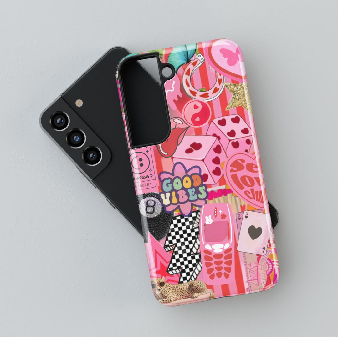 Samsung Galaxy phone case with pink sticker collage including good vibes text, heart playing cards, retro phone, cheetah, and butterfly. Compatible with Galaxy S24 Ultra, S24 Plus, and S23 FE. Bold, playful aesthetic.