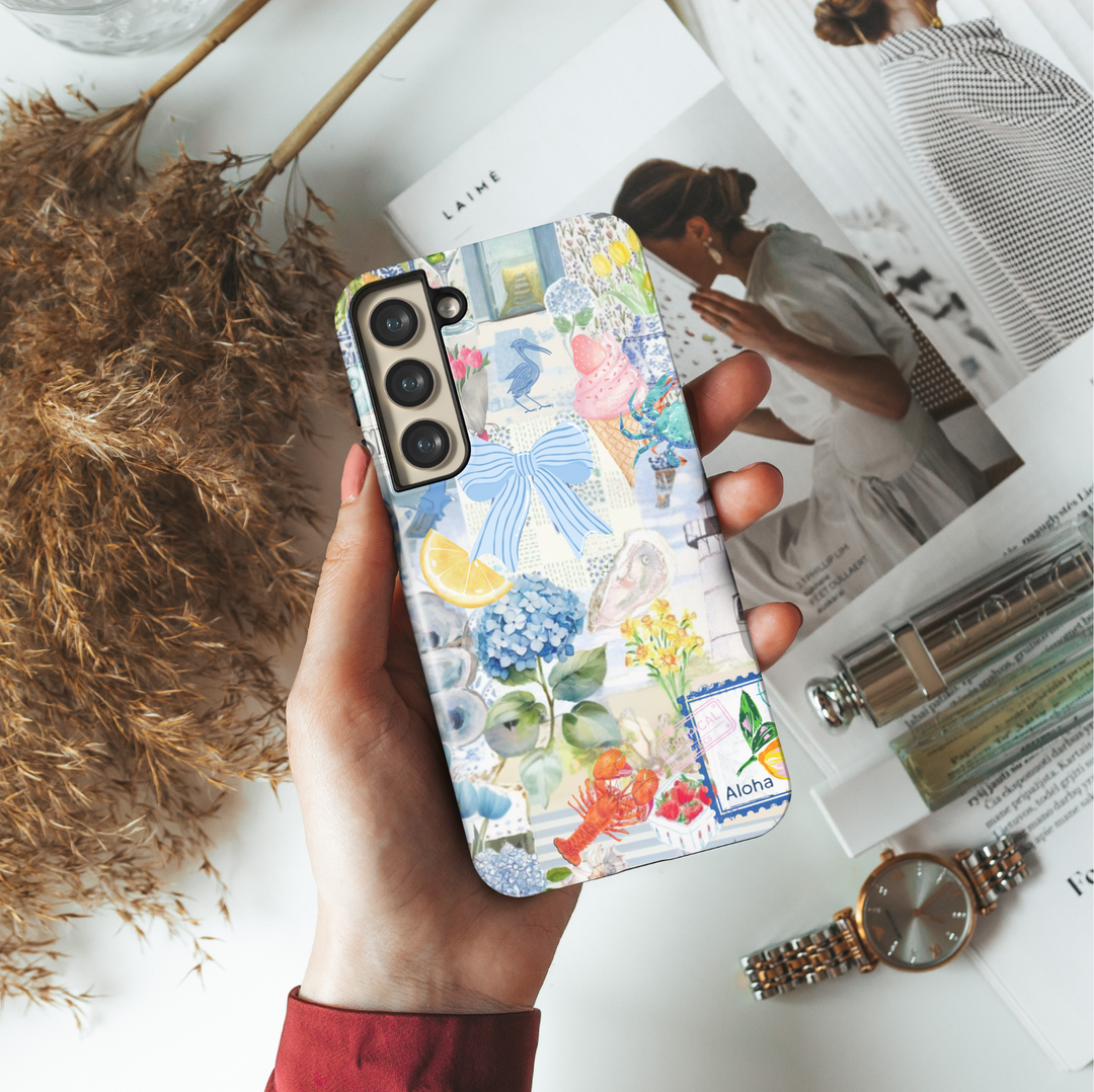 Samsung Galaxy S25 Ultra & S24 FE Tough Case – Watercolor Coastal Collage with Ice Cream, Lemon, Blue Flowers, and Lighthouse